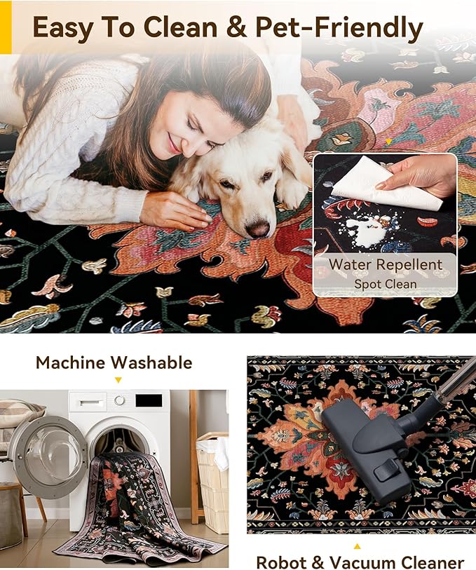 RELEANY Washable Area Rug, Large 10'x14', Black/Colorful | Non-Slip, Water Repellent, Pet Friendly, Easy to Clean, Vintage Floral Boho Decor for Living Room Bedroom Dining Room