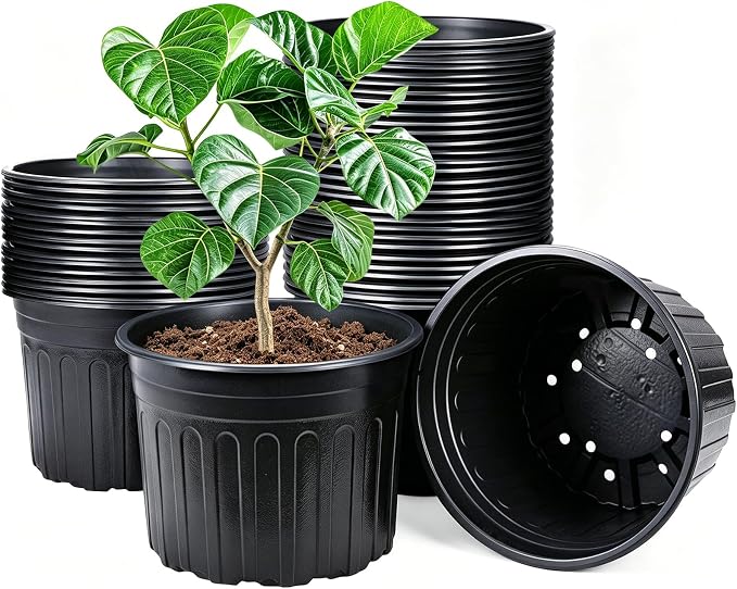 HECTOLIFE 50-Pack 5 Gallon Flexible Flower Plant Nursery Pots, Thickened Soft Plastic Seed Starting Container for Succulents, Seedlings, Cuttings, Transplanting,(Black)