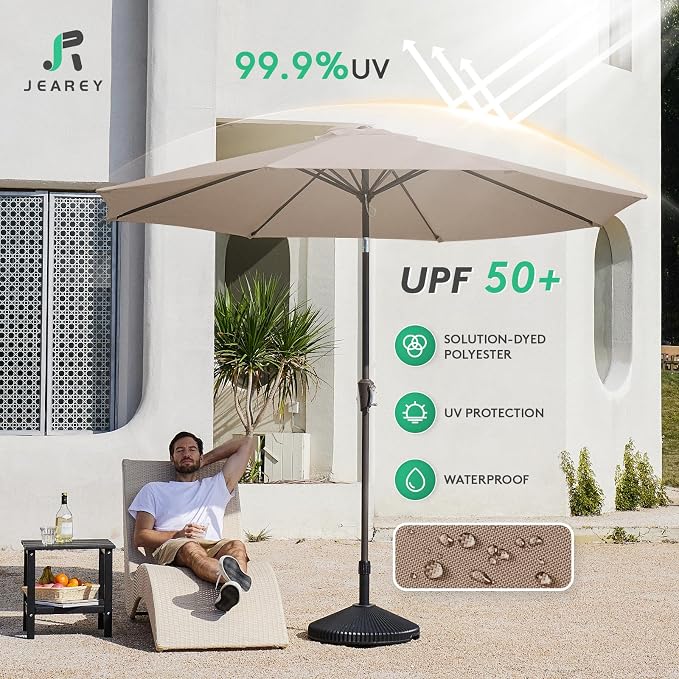 JEAREY 9FT Outdoor Patio Umbrella Outdoor Table Umbrella with Push Button Tilt and Crank, Market Umbrella 8 Sturdy Ribs UV Protection Waterproof for Pool, Garden (Tan)