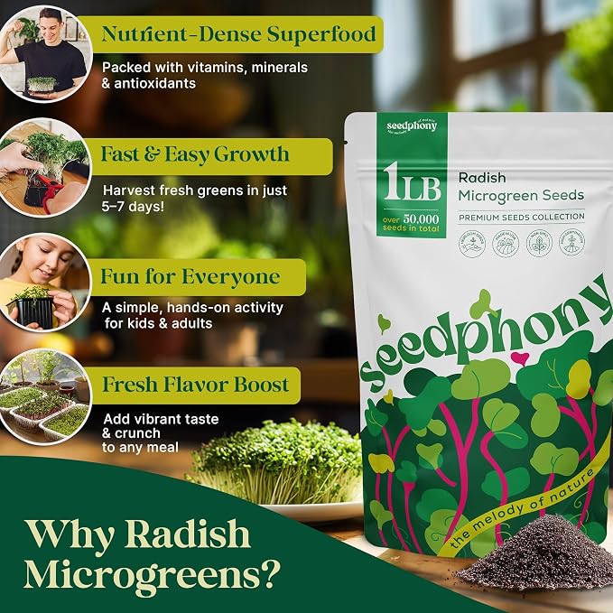 Seedphony Radish Sprouting & Microgreens Seeds - 50,000 Non-GMO Heirloom Seed, 1lb Resealable Bag - High-Germination Radish Seeds for Sprouting in Jars, Soil, Hydroponics & Microgreen Trays