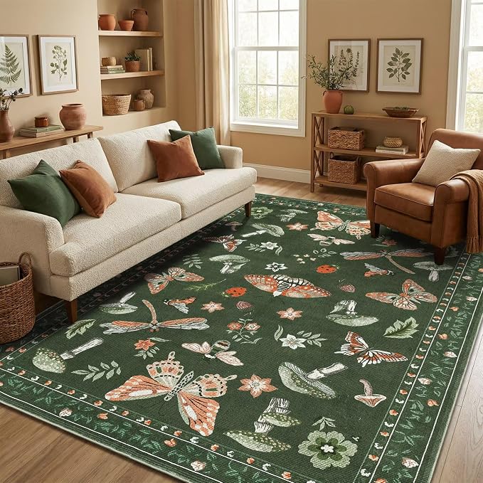 ROYHOME Mushroom Washable Rugs 5x7 for Living Room Low-Pile Whimsical Cottage Core Insect Bug Butterfly Funky Dark Gothic Decor for Bedroom Nursery Dining Room Olive Green