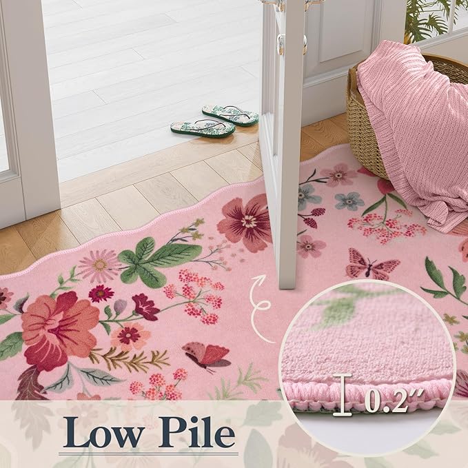 Lahome Floral Washable Entryway Rug, 2X3 Soft Kitchen Rugs Non-Slip | Ultra-Thin Door Mat Indoor Entrance Stain Resistant Boho Small Throw Carpet for Bathroom Bedroom Entry Flore, Pink