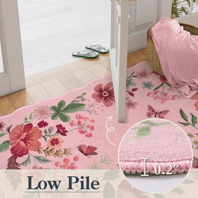 Lahome Floral Washable Rugs, 4X6 Pink Rugs for Bedroom Girls Living Room | Ultra-Thin Soft Non-Slip Stain Resistant Boho Low-Pile Throw Carpet for Nursery Office Flore (4x6ft, Pink)