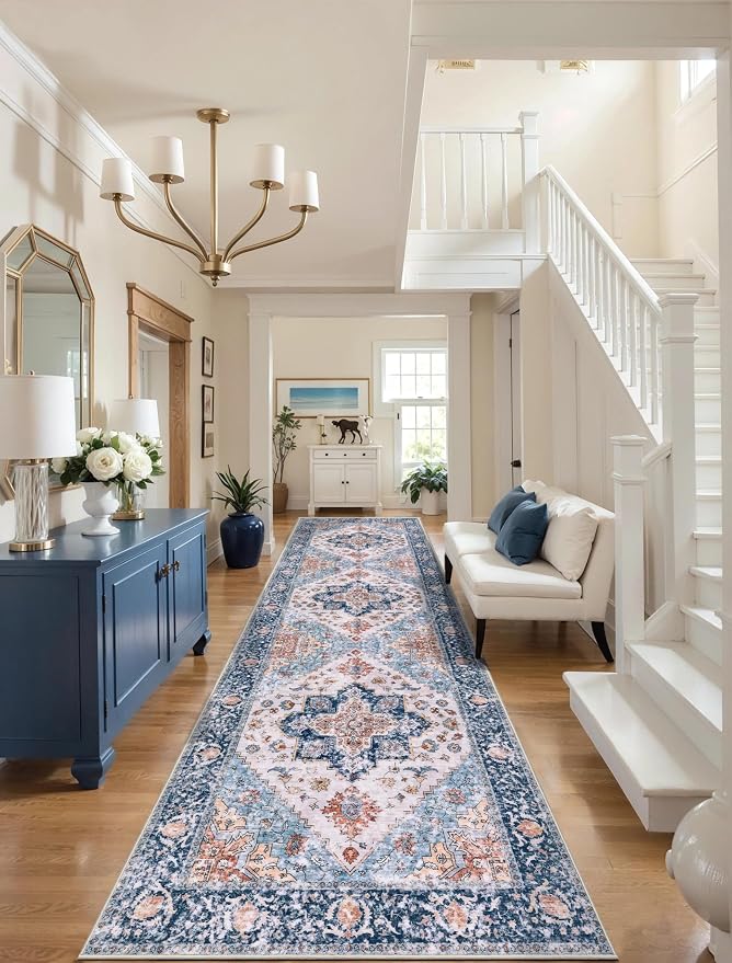 SERISSA 3x8 Washable Non Slip Boho Runner Rug for Hallway，Blue Orange | Ultra Soft Vintage Oriental Carpet Low-Pile Tribal Floor Carpet for Stair Kitchen Bedroom Bathroom Laundry Room