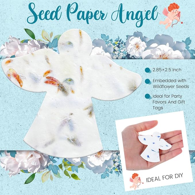 Dunzoom 50 Pcs Handmade Seed Paper Plantable Wildflower Seed Paper Recycled Flower Petals Tags Wedding Favors for Guests Craft Gifts Cards for Envelope Birthday Party, 5 Styles (Angel)
