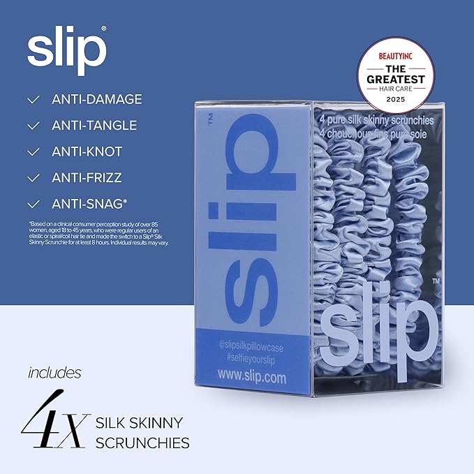 Slip Silk Hair Ties — Skinny Silk Cornflower Scrunchies, No Damage, No Crease, Anti-Breakage |100% Mulberry Silk | All Hair Types | Made with Proprietary Slipsilk™ | Set of 4