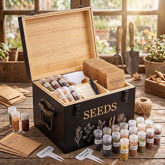 Amyhill Bamboo Wood Seed Storage Organizer Box with 30 Slot & Envelopes & Labels, 40 Stickers and Pen, Seed Saving Box with Lid Safety Locks, 4 Compartments, for Flower Plants, Gardener Gift