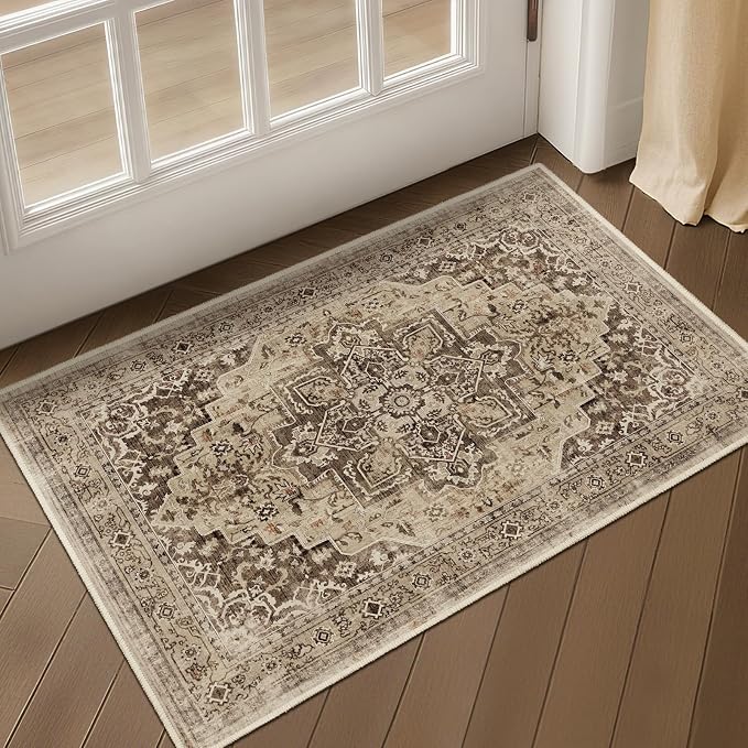 Medallion Brown 2x3 Entryway Rug, Washable Kitchen Rugs Non Slip, Ultra Thin Medallion Door Mat Indoor Entrance Back Front Door, Low Pile Retro Small Rug for Inside Entry/Foyer/Bathroom/Bedside