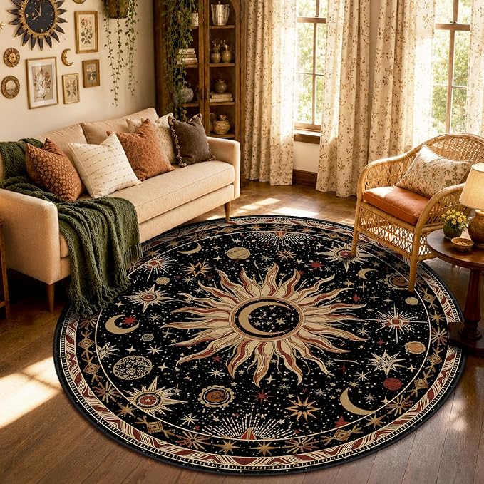 Vacuum-Friendly, Round 6ft Washable Area Rug, Black Gold Beige Red | Sun and Moon Boho Gothic Non-Slip Low Pile Living Roon Bedroom Dining Room Kitchen Entry Entryway Entrance Hallway Doormat