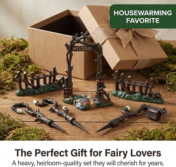 Lulu Decor, 100% Cast Iron Fairy Garden Decor Set Fairy Garden Accessories Including Fairy Lamps, Fences, and Welcome