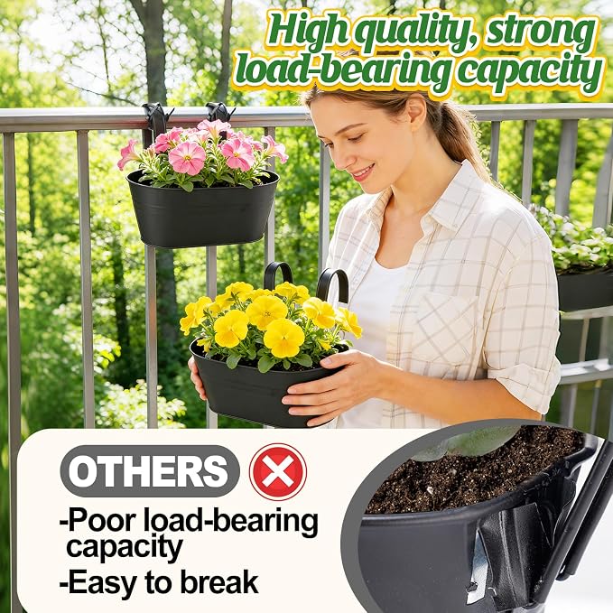 MADHOLLY Railing Planter with Drainage Holes - 6Pcs Sturdy Bucket Pots for Railing Fence, Countryside Style Metal Flower Pots for Herbs Balcony Garden Yard Decor, Black