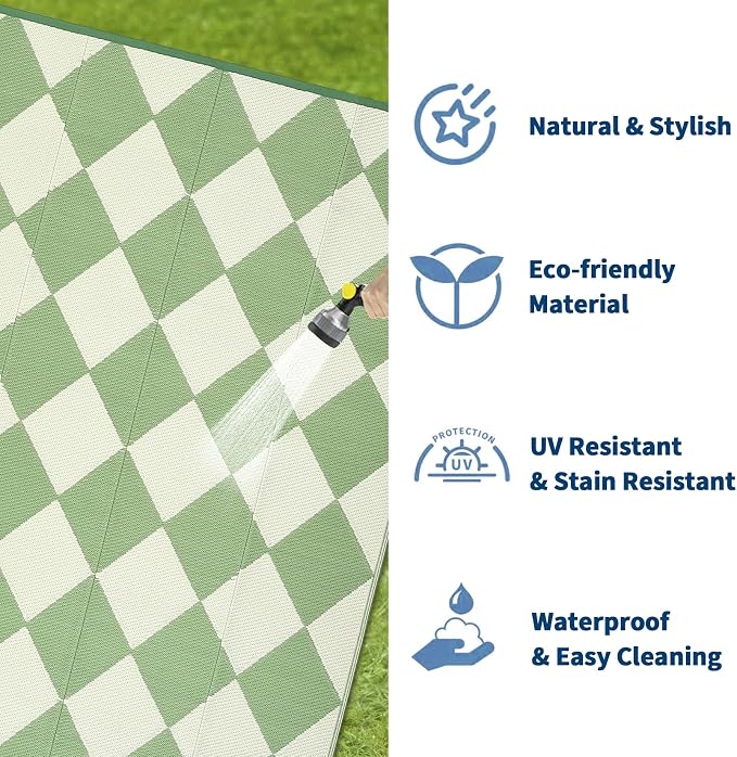 Garvee Outdoor Rug 9x18 Outdoor Patio Rug Reversible Plastic Straw Rugs Waterproof Foldable Mat Easy Clean Lightweight Carpet for Backyard Camping Porch RV Beach Balcony Deck Picnic Checkered Green