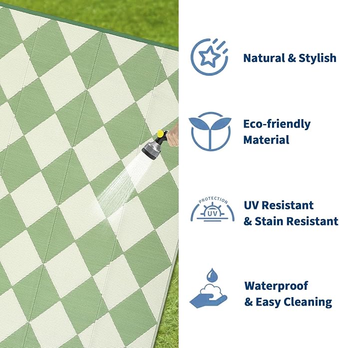 Garvee 9x12 Outdoor Rug for Patio Plastic Straw Rug Waterproof Reversible Mat Lightweight Foldable Carpet Easy Clean Large Rugs for Patio Porch Backyard Camping RV Beach Balcony Deck Checkered Green