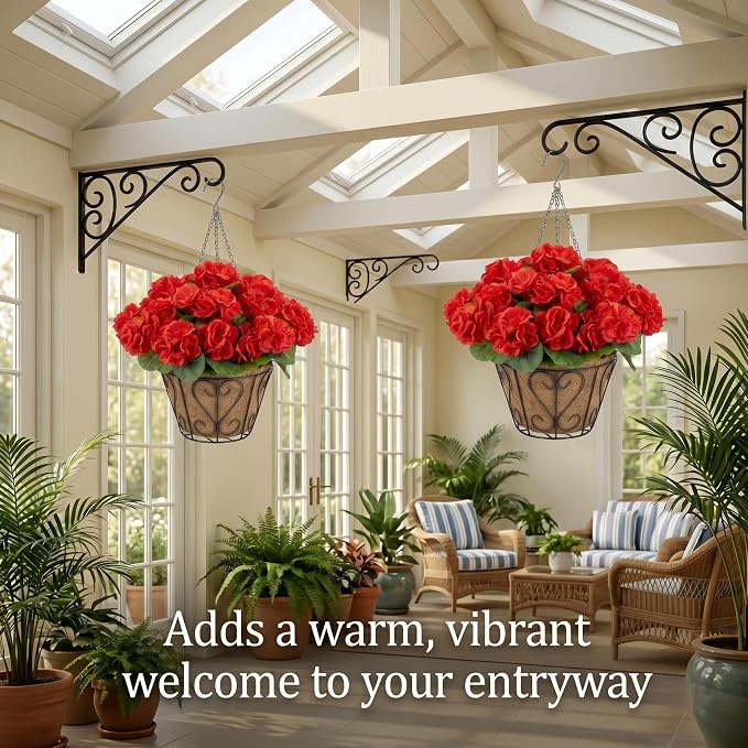 2 Pack Artificial Geraniums Flowers with Hanging Baskets,UV Resistant Silk Faux Red Geranium Flowers with Hanging Planters for Outdoor Patio Balcony Front Porch Garden Home Decor