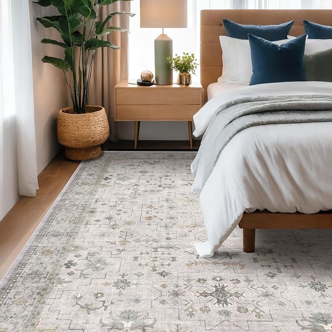Light Gray & Sage Living Room Rug 8x10 - Washable Boho Low Pile Large Area Rug for Dining Room, Bedroom Carpet, Distressed Vintage Floral Design, Low Pile Stain Resistant