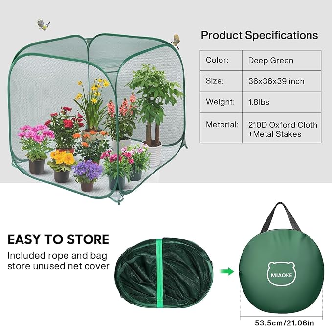 2 Pack Pop Up Mesh Plant Cover, 35.4x35.4x38.2 Inch No Build Protection Against Insects Garden Netting, Raised Bed Cover for Barrier Against Insects for Vegetable Plant Fruit Animals