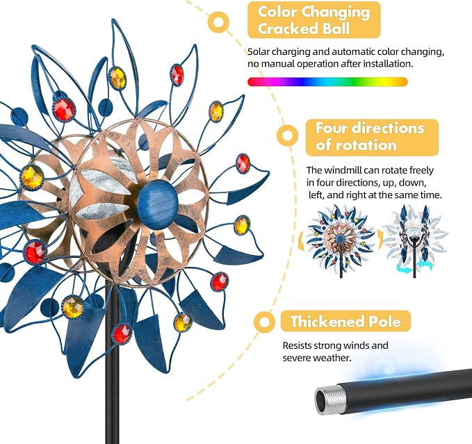 Solar Wind Spinner, Waterproof Outdoor Metal Wind Sculpture for Patio, Lawn & Garden Decor (Retro Spinner)