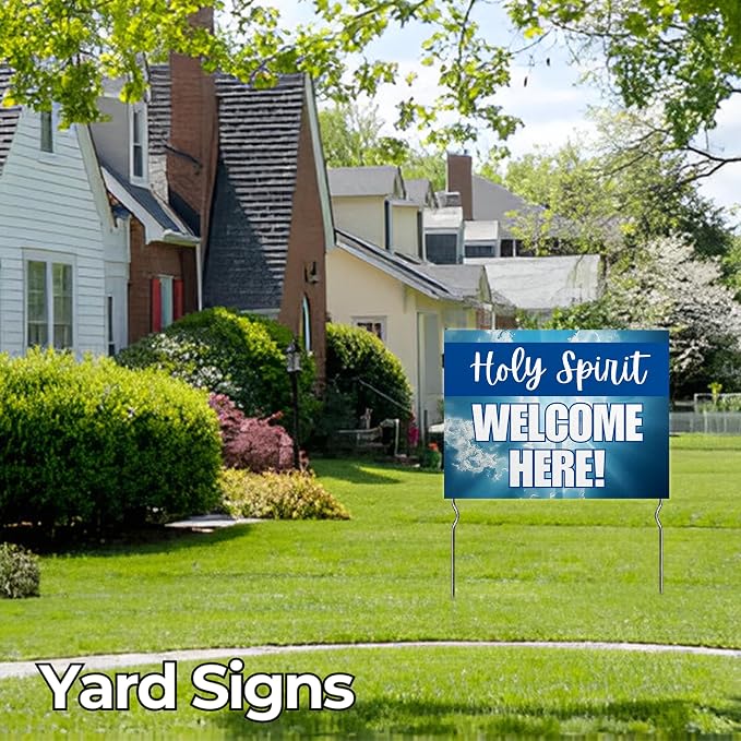Holy Spirit Welcome Here! Yard Sign by DC | 24"x18" Double Sided Church Garden Sign with 13” Metal Stakes | Outdoor Signs Waterproof for Lawn, Patio, Sidewalk & House | Set of 2 | Made in USA