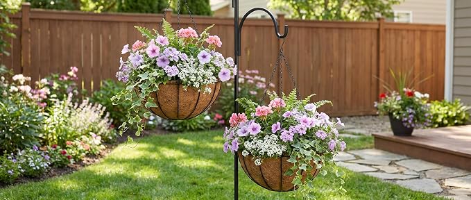 Kingbuy 10 Inch Metal Hanging Planter Basket with Coconut Liner Wire Plant Holder Watering Flower Baskets Round Pot Hanger Garden Decoration for Indoor Outdoor