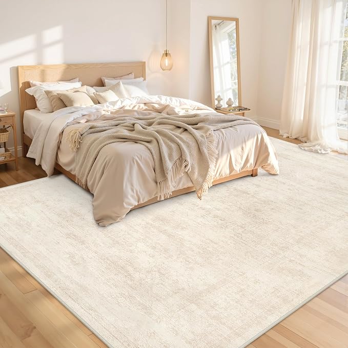 10x14 Area Rugs Living Room: Bedroom Washable Carpet Retro Beige | Large Vintage Boho Indoor Decor Neutral Soft Nursery Farmhouse Dining Room Office Floor Non-Slip Low Pile Under Table Rug
