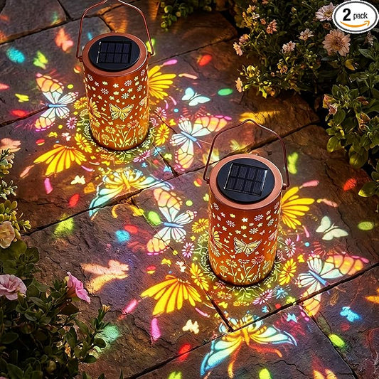 2Pack Colorful Butterfly Solar Lanterns Outdoor Decor, Garden Decor Gifts for Women Mom Sister Grandma, LED Hanging Solar Lantern Lights Outside for Table Yard Lawn Garden Path Porch
