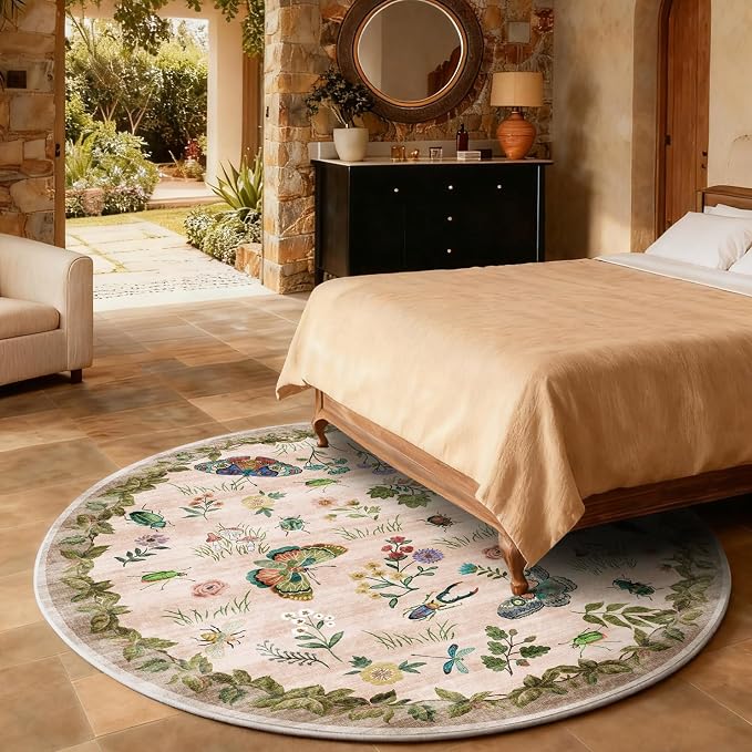 Washable Round Rugs for Bedroom 4ft: Living Room Rug Stain Resistant Non Slip Low Pile Ultra Soft Faux Wool Small Circle Rugs for Kitchen Entryway Bathroom Nursery Dorm Home Office Entrance Indoor