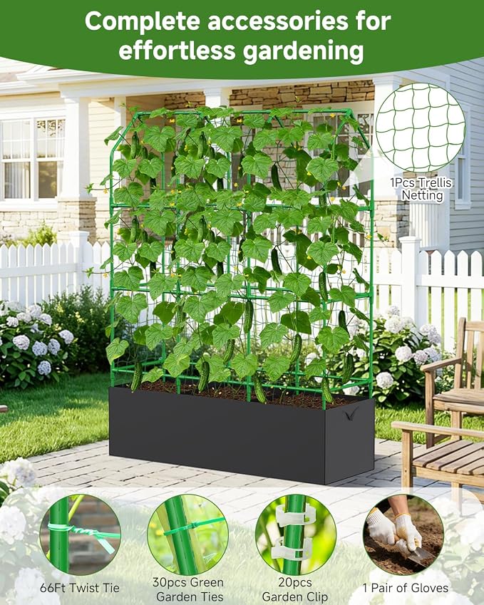 Cucumber Trellis with Grow Bag for Raised Bed, A-Shape Garden Trellis for Climbing Plants Outdoor, Metal Plant Trellis with Garden Netting for Flower Vegetables, Pea, Grape (50 * 17 * 65inch(L*W*H)