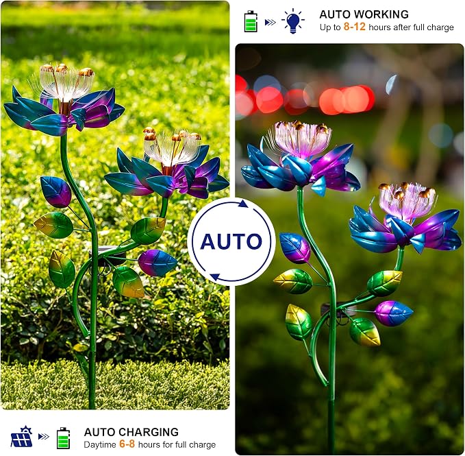 Solar Wind Spinners Blue Twin Flowers for Yard and Garden, Solar Windmill Garden Whirligig Kinetic Spinners Decor for Lawn, Patio, Yard, Metal Wind Outdoor Sculpture