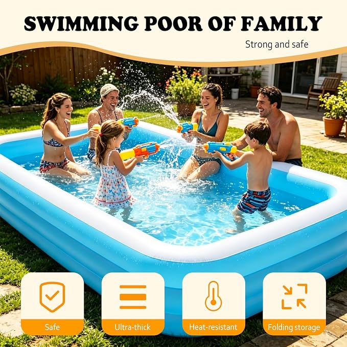 HAIKE Inflatable Pool for Adults and Kids, Summer 3 Layer Thickened Swimming Pool, Family Full-Sized Kids Pool Outdoor Water Party, Rectangular Blow Up Pool for Backyard Garden (82.7"x57.1"x22" Blue)