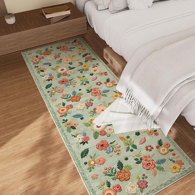 Machine Washable Rug Runners for Hallway: 2'6"x8' Kitchen Runner Rug with Rubber Backing Non Slip Low Pile Soft Faux Wool Non Shedding Lightweight Floral Floor Carpet Rugs for Entryway Bedroom Laundry