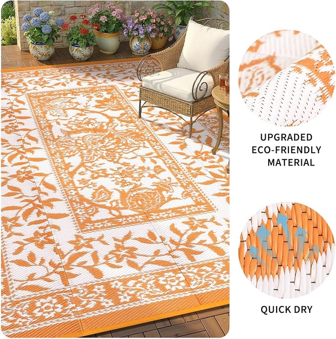Garvee Outdoor Rug 5x8, Waterproof Reversible Foldable Plastic Straw Rug, Botanical cottagecore Outdoor Rugs Patio Camping RV Carpet for Deck Camper Porch Balcony Backyard Picnic Beach Orange