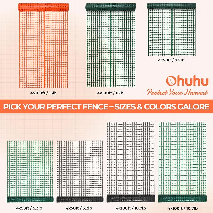 Ohuhu 15LB Ultra Thick Plastic Mesh Safety Fence, 4'×100' Reusable Construction Barrier Netting, Heavy Duty Temporary Netting for Garden Fence Snow Fence Pool Animal Barrier for Poultry Deer Orange