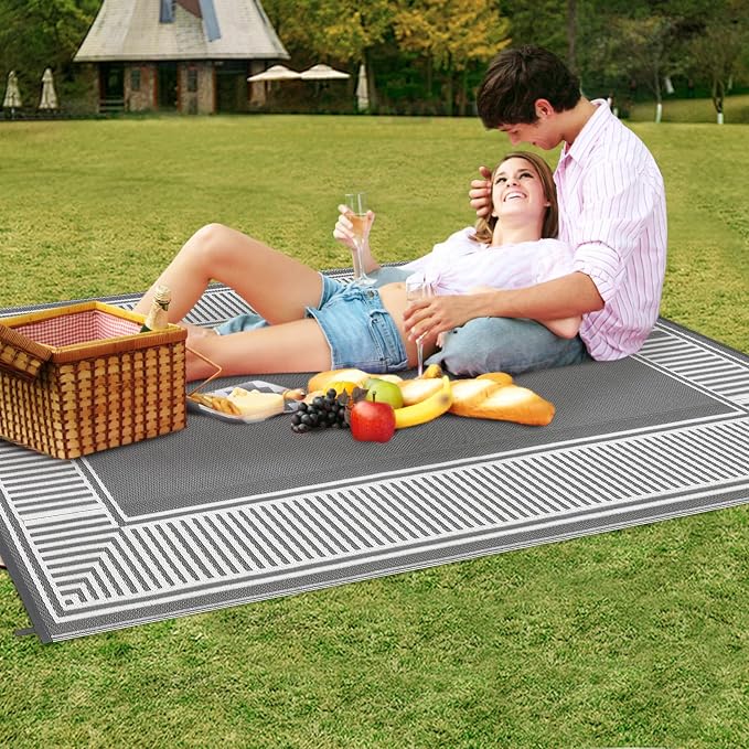 Garvee Outdoor Rug 9x18 Outdoor Patio Rug Reversible Plastic Straw Rugs Waterproof Foldable Mat Easy Clean Lightweight Carpet for Backyard Camping Porch RV Beach Balcony Deck Picnic Border Grey