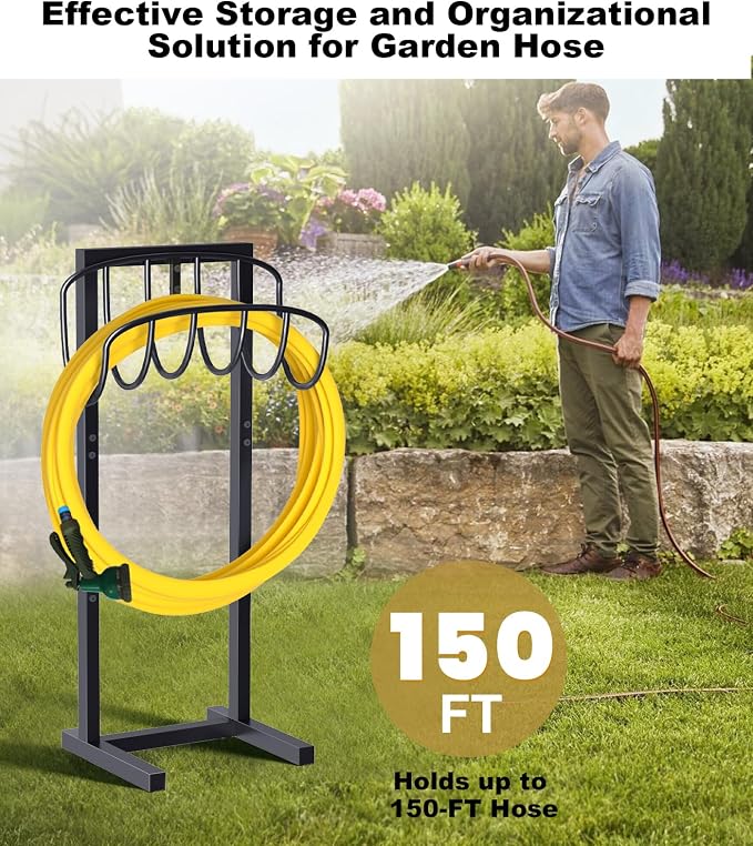 Artigarden Freestanding Garden Hose Holder with 4 Spikes, Heavy Duty Metal Reel Stand Hanger Rack Organizer, Holds Storage 150ft Hose for Outside Yard Lawn, Black
