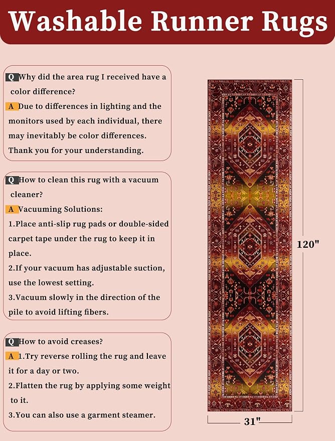 SERISSA 2'6"x10' Washable Non Slip Boho Runner Rug for Hallway | Ultra Soft Vintage Oriental Carpet Low-Pile Rustic Red Gold Floor Carpet for Kitchen Bedroom Bathroom Laundry Room