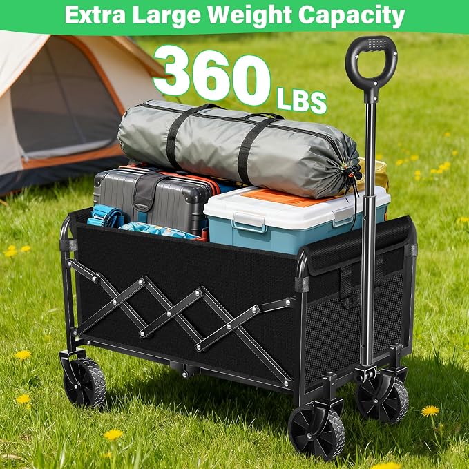Collapsible Wagons Carts Foldable Wagon,360lbs Folding Wagon Cart with Wheels, Lightweight Foldable Cart with Drink Holders for Camping Picnic Grocery Shopping Garden Travel Sports