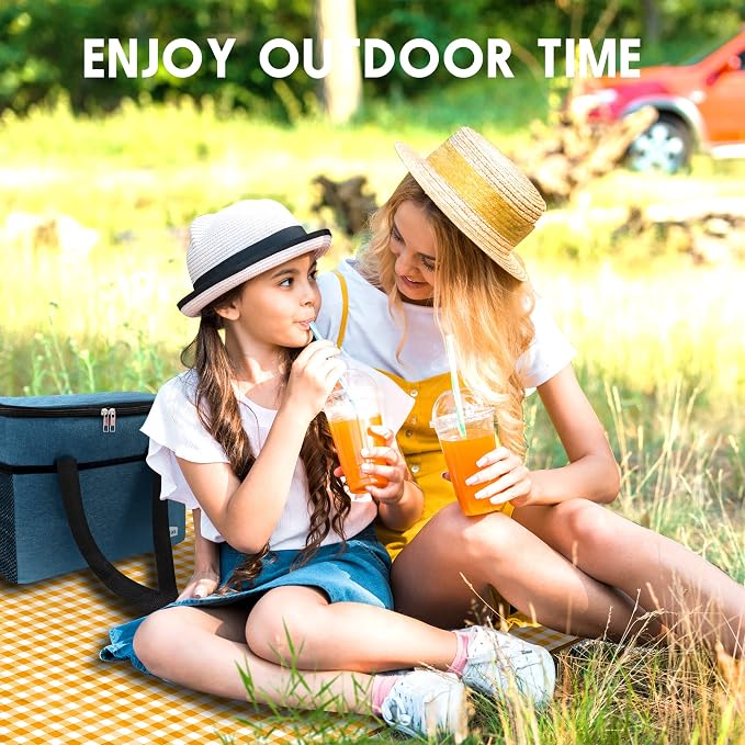 SAMSIER Outdoor Picnic Blankets Waterproof Foldable Sandproof, Extra Large Gingham Cute Picnic Mat Washable Portable for Park Beach Camping Courtyard (Yellow, 80"×80")