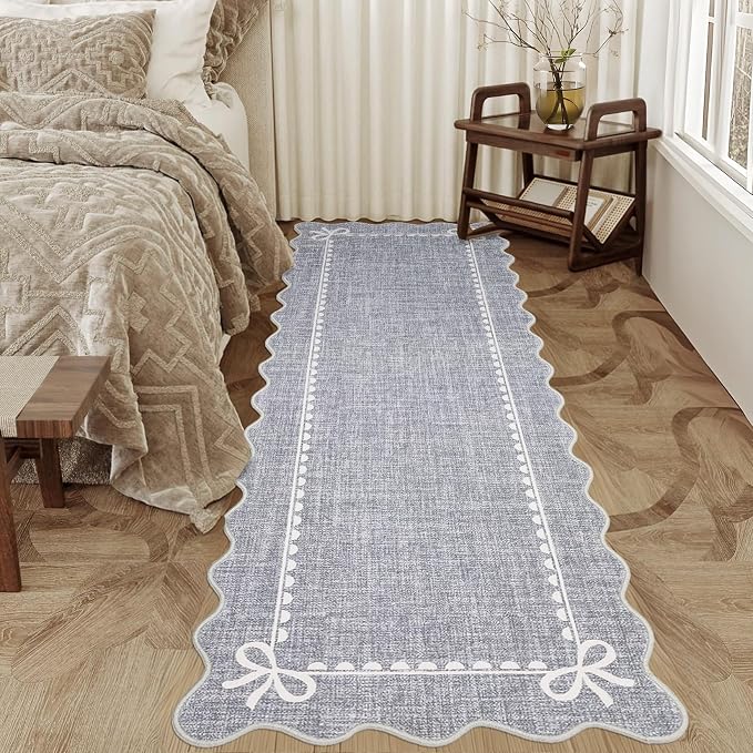 GarveeHome Scalloped Hallway Runner Rug 2x6 Non Slip Bedroom Rugs, Grey | Washable Bow Rug for Girls Dorm Nursery Living Room Entyrway Kitchen, Soft Low Pile Ultra-Thin Stain Resistant Indoor Carpet
