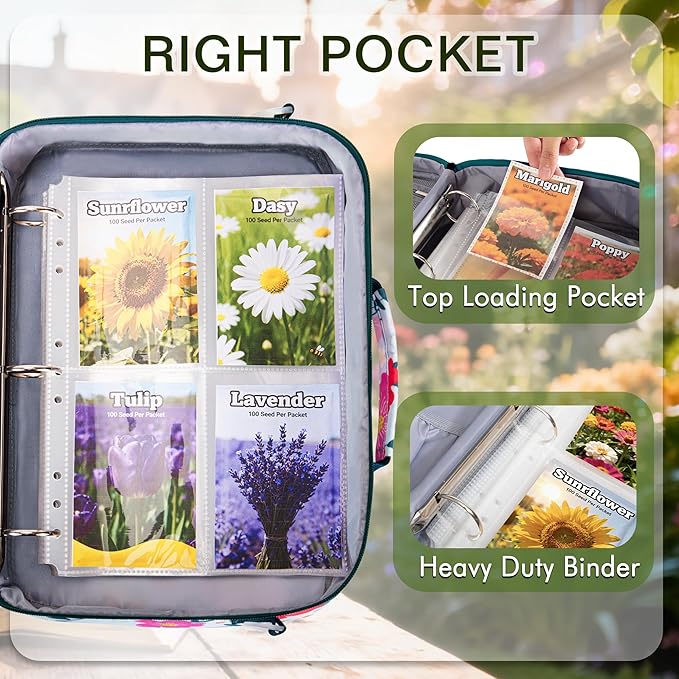 Seed Storage Organizer Binder with 20 Reusable Seed Envelopes | 30 Sheet Protectors Holds 120 Packets Envelopes, 1.5-Inch 3-Ring Binder, Handle & Adjustable Shoulder Strap,Ideal for Garden