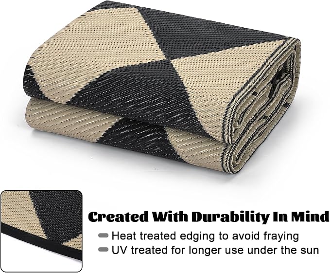 Garvee Outdoor Plastic Straw Rug 10x14 Patio Rug Waterproof Reversible Mat Lightweight Carpet Easy Clean Foldable Large Camping Rugs for Backyard Porch RV Beach Balcony Deck Picnic Checkered Beige