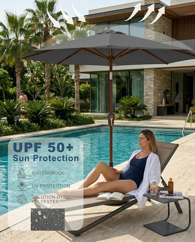 PatioKingdom 10FT Patio Umbrella with Push Button Tilt and Crank, Outdoor Market Umbrella with 8 Fiberglass Ribs, UV Protection Table Umbrella for Pool,Backyard,Garden,Deck