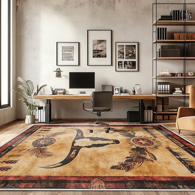 Western Area Rug Southwestern Cow Washable 8x10 Navajo Tribal Rugs for Living Room Bedroom Cowboy Rustic Non-Slip Soft Floor Large Carpet for Office Entryway Bathroom