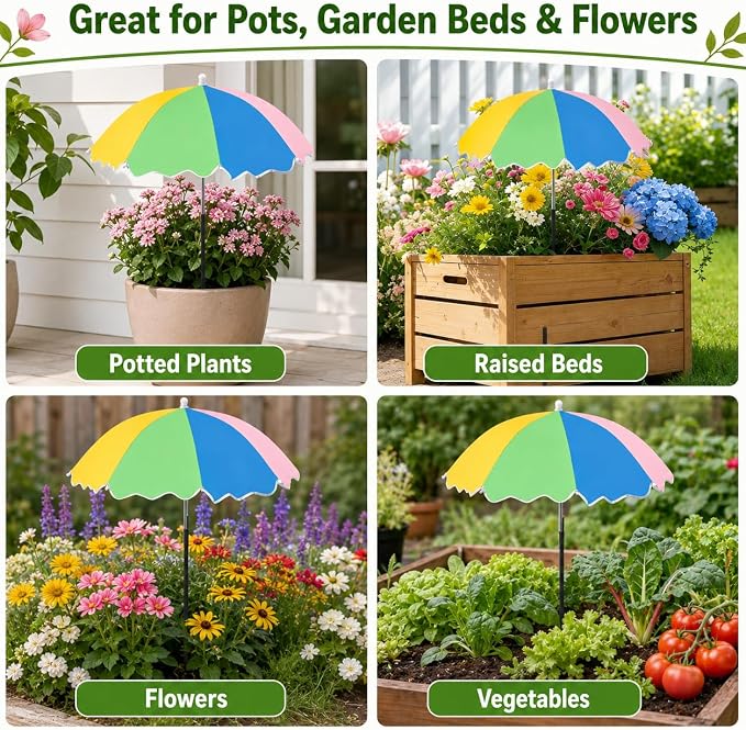 3 Pack Upgraded Plant Umbrellas for Outdoor Plants, 23.6" Garden Plant Shade Umbrella with Adjustable Angle, 40.5" Height Sun Shade for Potted Plants & Garden Beds, Rainbow Color ﻿