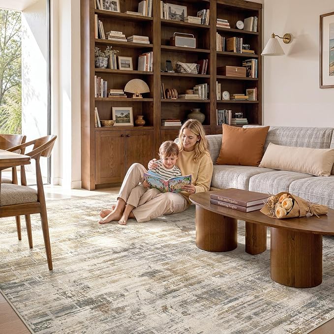 UERMEI 12x15 Area Rug for Living Room Washable Abstract Golden Brown Carpet | Extra Large Soft Low Pile Stain Resistant Non Slip Kid Pet Friendly Open Floor Plan Rug For Bedroom Dining Office