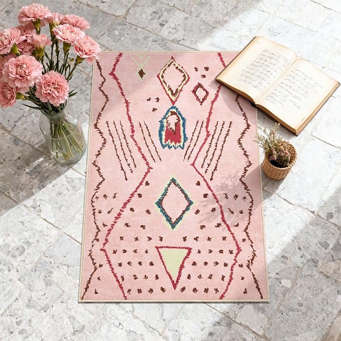 jinchan 2x3 Hot Nerd Rug Modern Boho Geometric Washable Entryway Rug, Pink | Abstract Pattern, Moroccan Inspired, Artistic Lines, Washable, Soft Texture, Non-Slip, Low Pile, Bedroom, Study Room