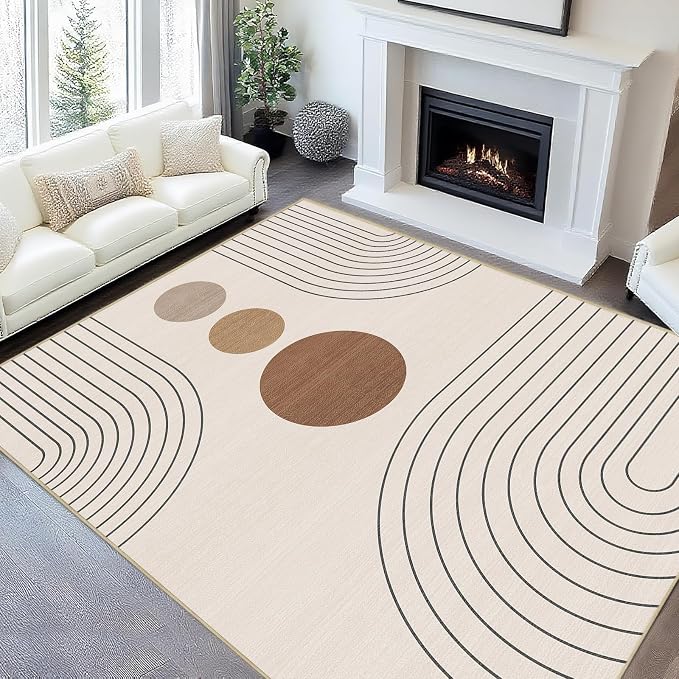 8x10 Area Rug for Living Room Boho Modern Minimalist Geometric Abstract Large Rug Neutral Beige Mid Century Modern Machine Washable Non-Slip Printed Low-Pile Indoor Floor Carpet Dining Room Bedroom