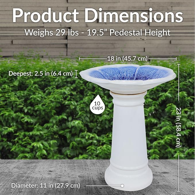 Sunnydaze Misty Blossom Ceramic Bird Bath for Outdoors - 23" H - UV-/ Frost-Resistant - Antique Bird Bath for Garden with White Pedestal/Blue Bowl