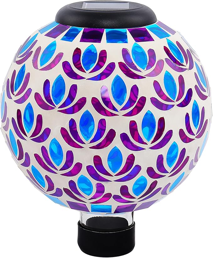 SAVENNA Mosaic Solar Gazing Ball 8 Inch,Glass Garden Globe with Auto On/Off for Yard, Lawn & Outdoor Decor,Purple Blue