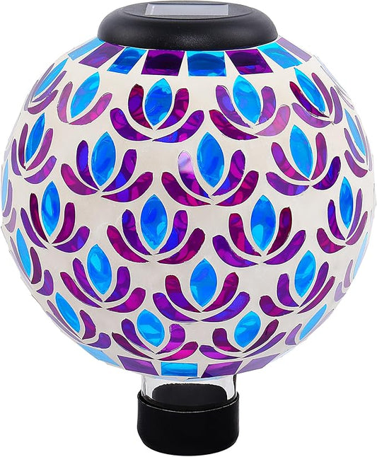 SAVENNA Mosaic Solar Gazing Ball 8 Inch,Glass Garden Globe with Auto On/Off for Yard, Lawn & Outdoor Decor,Purple Blue