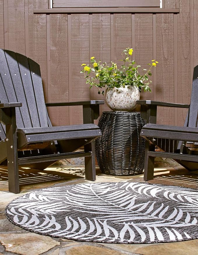 Unique Loom Outdoor Botanical Collection Area Rug - Palm (5' 3" Round Charcoal/Ivory)